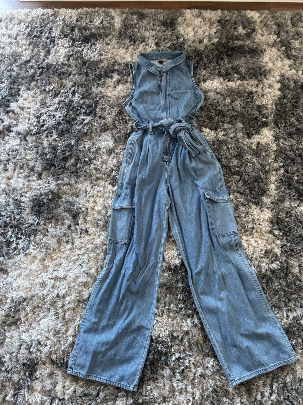 Sleeveless Denim Utility Jumpsuit with Tie Waist - Light Blue